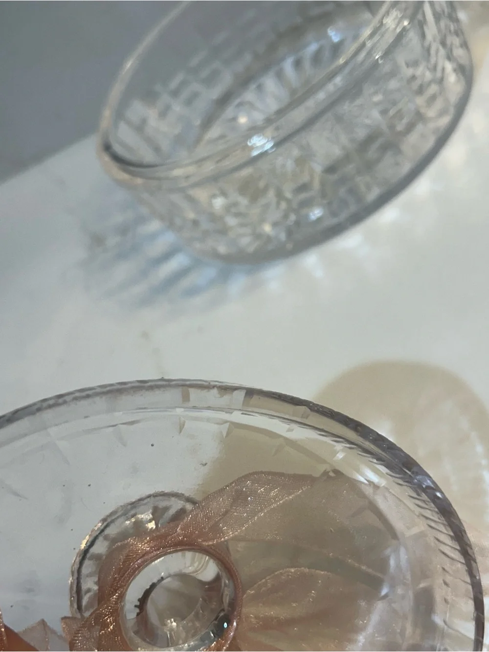 Crystal Glass Trinket Lidded Box intricate faceted panels with Pale Pink Ribbon